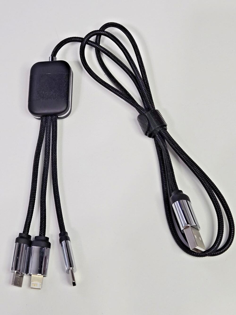 3-in-1 USB Charging Cable Hub Braided | USB-C 8-Pin Micro-USB | Overstock Black
